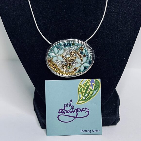 Orit Schatzman Sterling Silver And Aqua Blue Rhinestone Necklace Signed (6013) - Picture 2 of 10